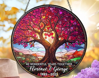 Personalized 40th Anniversary Tree of Hearts Stained Glass Suncatcher