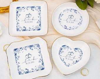 Personalized Blue Floral Wedding Ring Dish: Custom Engagement Gift