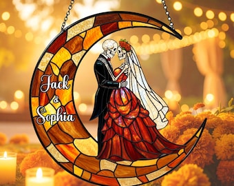 Apanhador de sol de casal esqueleto, presente de casamento gótico personalizado para casal, decoração de aniversário de romance sombrio