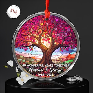 Personalized 40th Ruby Anniversary Heart Tree Glass Ornament, Custom Names Date Christmas Tree Decoration, Ruby Wedding Gift for Couples
