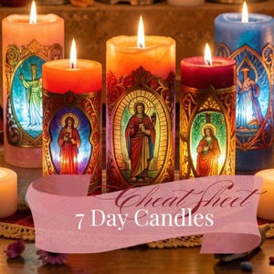 Könnte beinhalten: Mehrere brennende 7-Tage-Kerzen in verschiedenen Farben, darunter Orange, Rot und Blau. Jede Kerze zeigt ein religiöses Bild in einem verzierten Rahmen. Ein rosa Banner unten zeigt "Cheat Sheet 7 Day Candles".