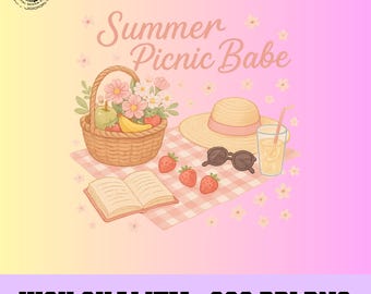 Sommer-Picknick-Baby PNG, Ästhetische Gingham-Decke mit Strohhut, Früchten und Blumen, Pastell Nette Sommer Sublimation Clipart