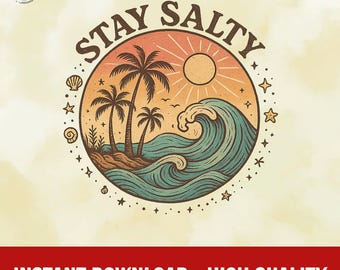 Stay Salty Retro Beach PNG, Vintage Palm Tree and Ocean Wave Art, Boho Summer Aesthetic Coastal Quote Design for Sublimation Projects