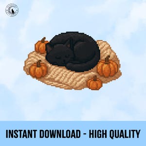 May include: Pixel art illustration of a sleeping black cat curled up on a woven mat, surrounded by small orange pumpkins. The image has a soft, digital art style, perfect for fall-themed designs.