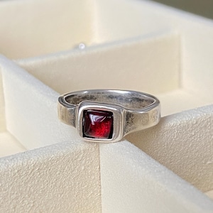 Vintage 925 Sterling Silver Red Stone Ring | Handmade Square Cabochon Ring | Geometric Minimalist Silver Band | Unisex Jewelry