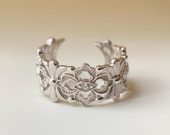 Vintage 925 Sterling Silver Iris Flower Ring | Gothic Floral Adjustable Band | Elegant Baroque Style Silver Ring | Minimalist Luxury Jewelry