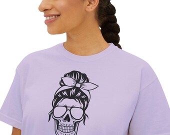 Mom Club Skull Graphic Tee | Vintage Pigment-Dyed Boxy Fit Shirt