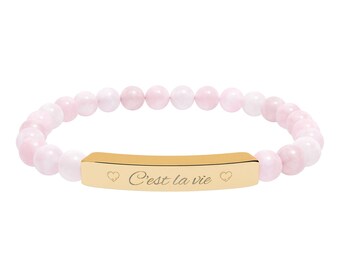 Engraved Bar Natural Stone Stretch Bracelet | Beaded Healing Gemstone Bracelet