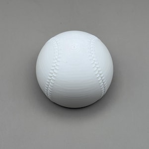 May include: A white baseball with red stitching details. The ball is centered on a gray background. The baseball is a classic sports item.