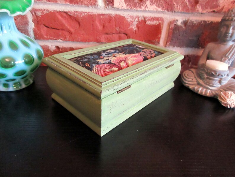Vintage Upcycled Gift For Them Green Jewelry Box Wooden Jewelry Holder Organizer Sage Green with Floral Fabric Pattern