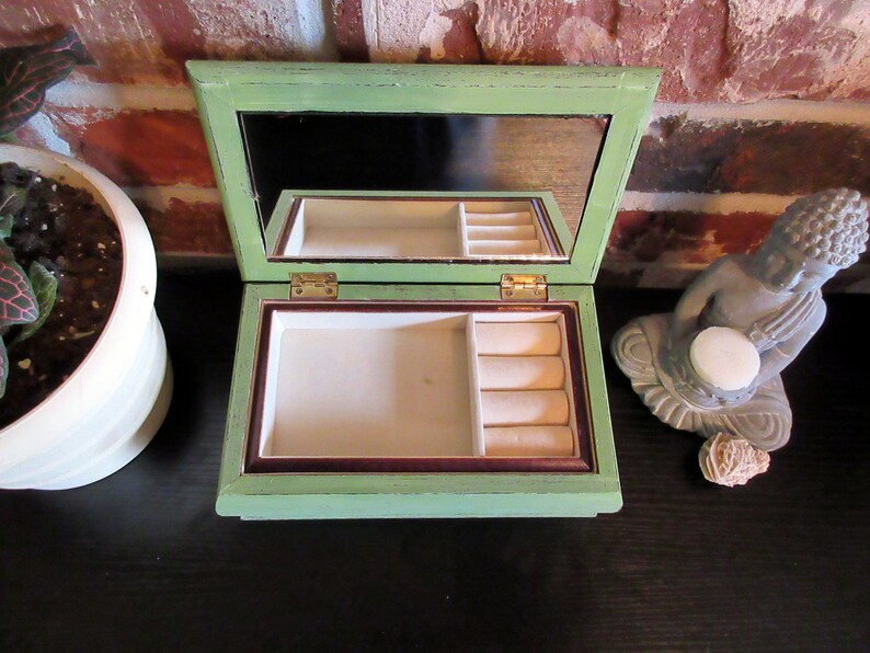 Vintage Upcycled Gift For Them Green Jewelry Box Wooden Jewelry Holder Organizer Sage Green with Floral Fabric Pattern