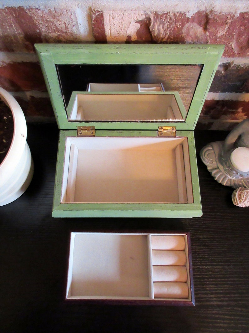 Vintage Upcycled Gift For Them Green Jewelry Box Wooden Jewelry Holder Organizer Sage Green with Floral Fabric Pattern