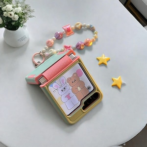 Jolie coque de téléphone coréenne, verte et rose, pour Samsung Galaxy Z Flip6 5G Flip5 Flip4 - Corde à suspendre couleur bonbon pour fille japonaise Kawaii