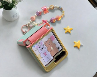 Kawaii Green & Pink Phone Case for Galaxy Z Flip with Hanging Rope