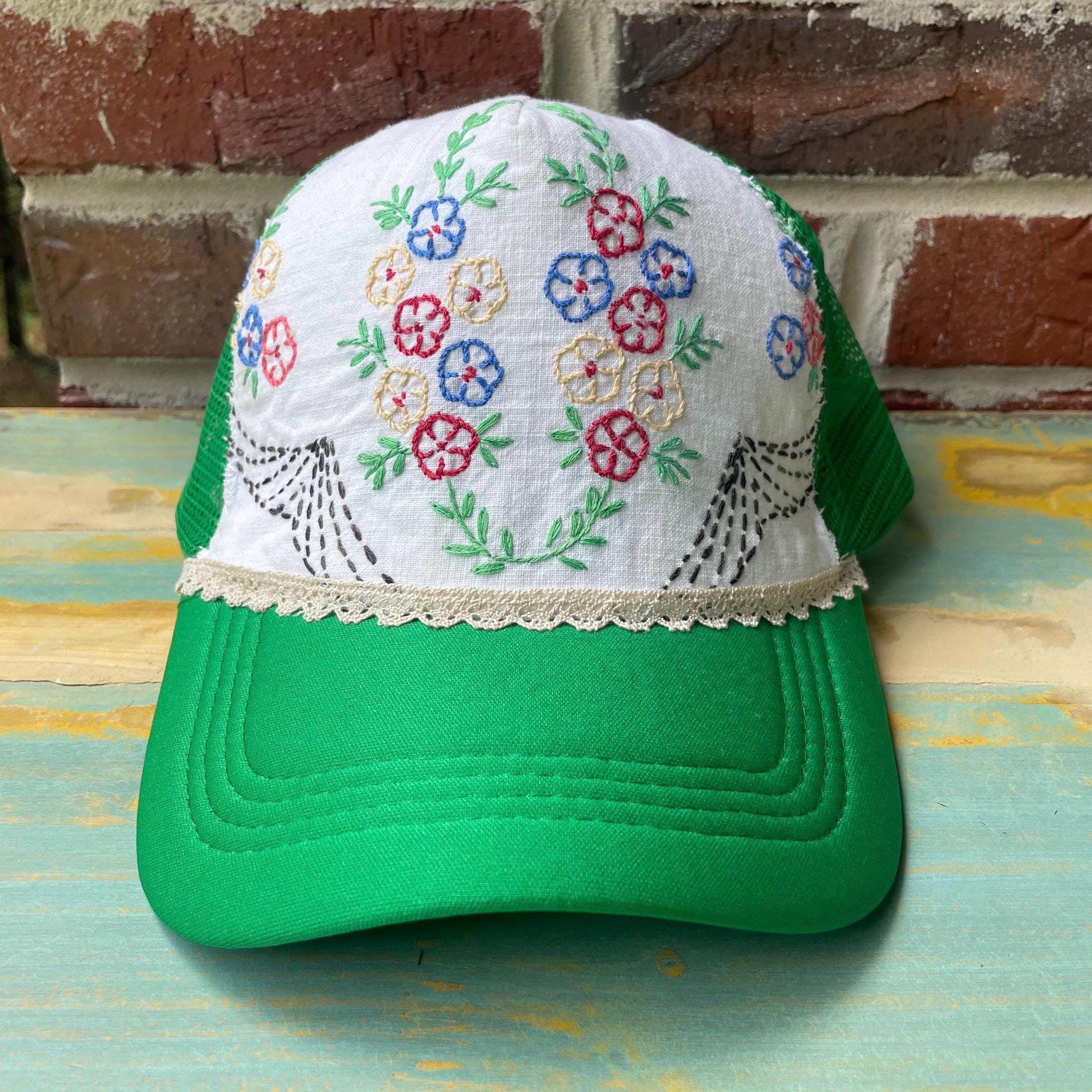 Green Floral Accent tie dye trucker hat with flowers and succulents handmade Pasque Flowers Trucker Hat | KATHERINE HOMES – Katherine Homes main image 2
