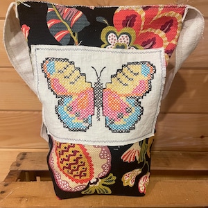 Colorful Butterfly Cross stitch Appliqué Bag – Vintage Floral Fabric with Denim Pocket