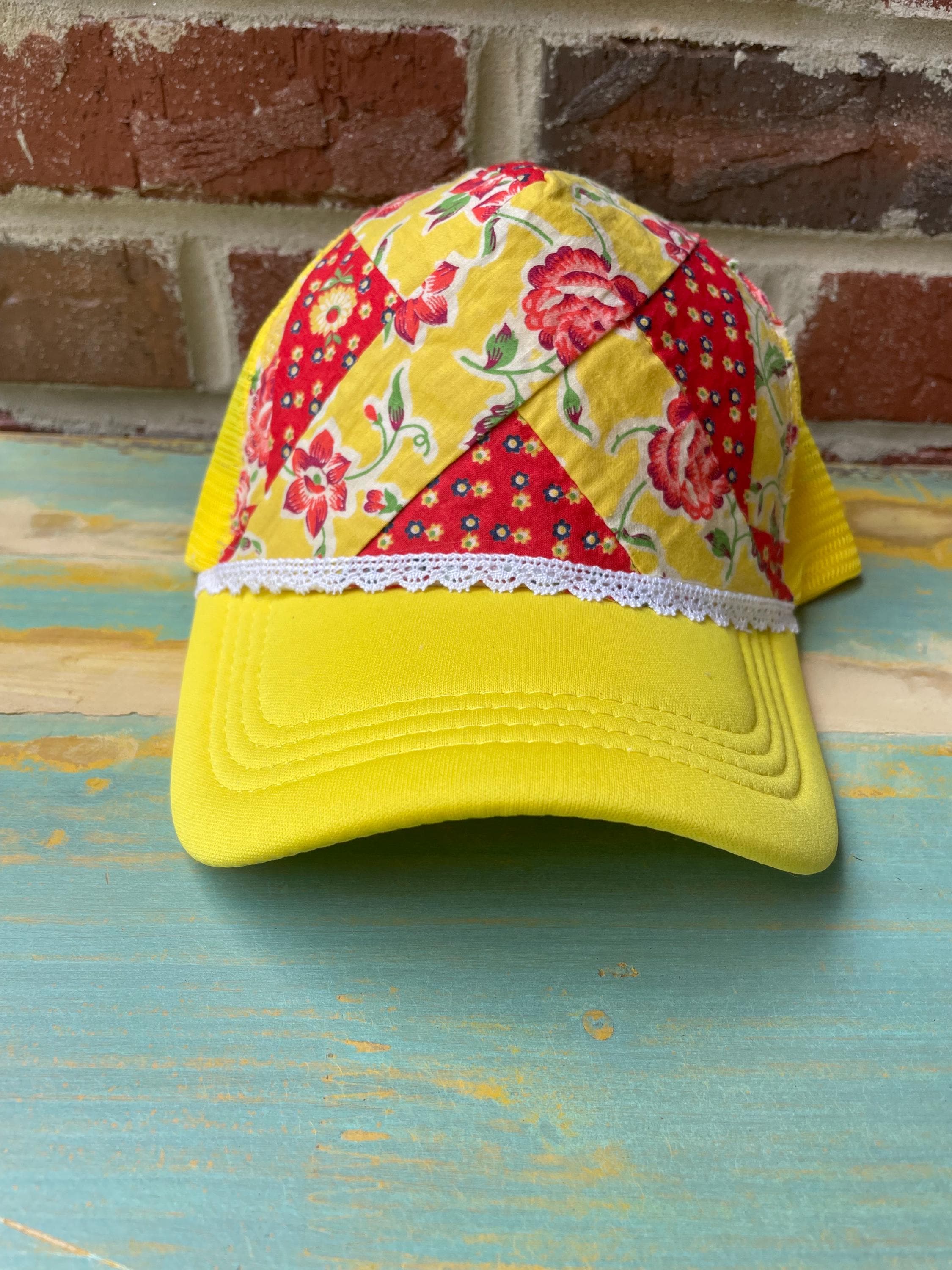 Sunny Yellow Vintage Patchwork Trucker Hat – Upcycled Quilt  display picture 1