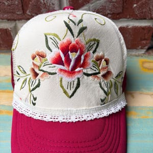 Embroidered Floral Trucker Hat | Vintage Linen, Lace Trim, Boho Snapback