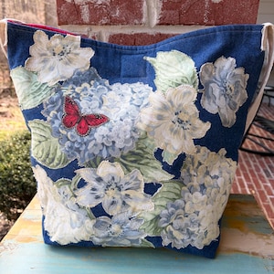 Upcycled Denim Tote Bag, Vintage Floral Patchwork Purse with Butterfly, Boho Market Bag