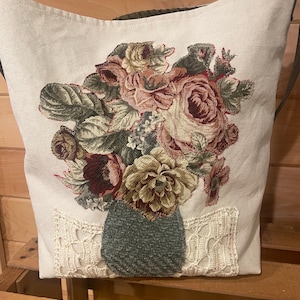 Flower Vase Tote Bag – Handmade Canvas Purse with Butterfly Pocket & Appliqué