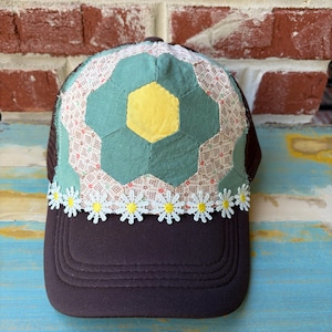 Grandma’s Flower Garden Trucker Hat | Brown Snapback | Upcycled Hat | Handmade Boho Cap