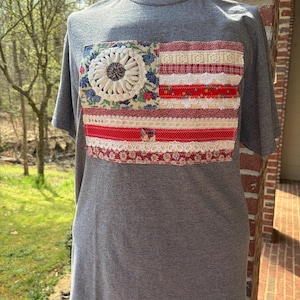 Americana Patchwork Flag Shirt | Upcycled Quilt, Lace, Trim Appliqué Tee