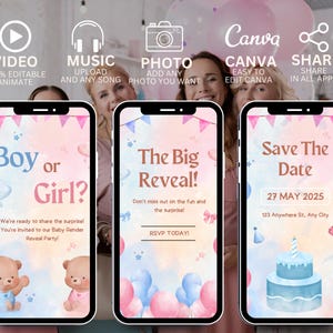 Babyparty animierte Einladung - Pink & Blau bearbeitbare Videovorlage - DIY digitale Einladung für Telefon und soziale Medien.