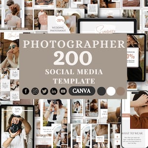 May include: A digital marketing template for photographers, featuring 200 social media templates. The design includes a neutral color palette, with the text "PHOTOGRAPHER 200 SOCIAL MEDIA TEMPLATE" and social media icons.