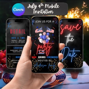 Invitación para fiesta del 4 de julio / Invitación imprimible o digital / Plantilla Canva editable / Invitación a fiesta de fuegos artificiales o barbacoa del Día de la Independencia.