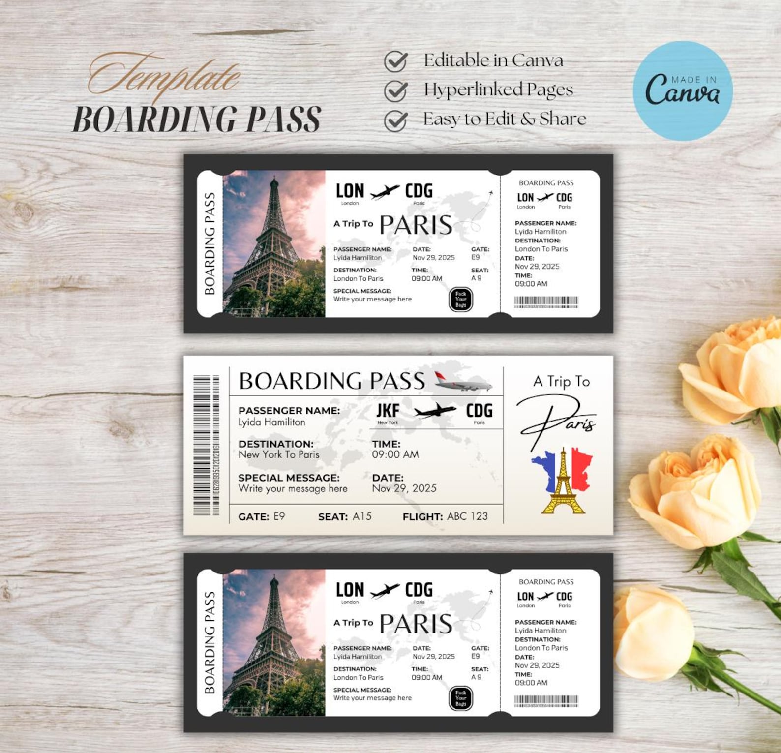 Black and White Paris Boarding Pass | Elegant Airline Ticket Template ...