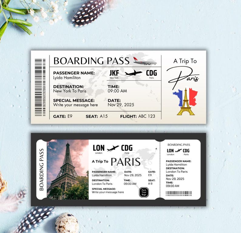Black and White Paris Boarding Pass | Elegant Airline Ticket Template ...
