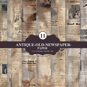 May include: A collage of antique newspaper clippings with faded text and sepia tones. The paper is 12 x 12 inches. The design includes a dark brown banner with the words "ANTIQUE-OLD-NEWSPAPER-PAPER".