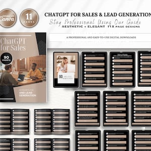 Könnte beinhalten: Ein digitaler Leitfaden mit dem Titel "ChatGPT for Sales" mit 90 Prompts, mit einem Titelbild von zwei Personen, die an Laptops arbeiten. Der Leitfaden umfasst 11 Seiten mit einem ästhetischen und eleganten Design und ist mit Canva bearbeitbar.