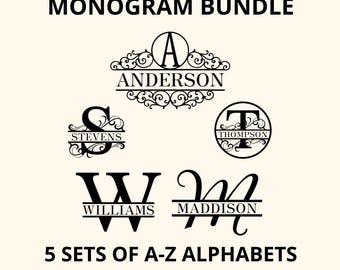 スプリットモノグラムSVGバンドル、スプリットレターPNG、ファンシーアルファベットサークルモノグラムフォントファミリーネームモノグラムカットファイル、Cricutデジタルダウンロード用