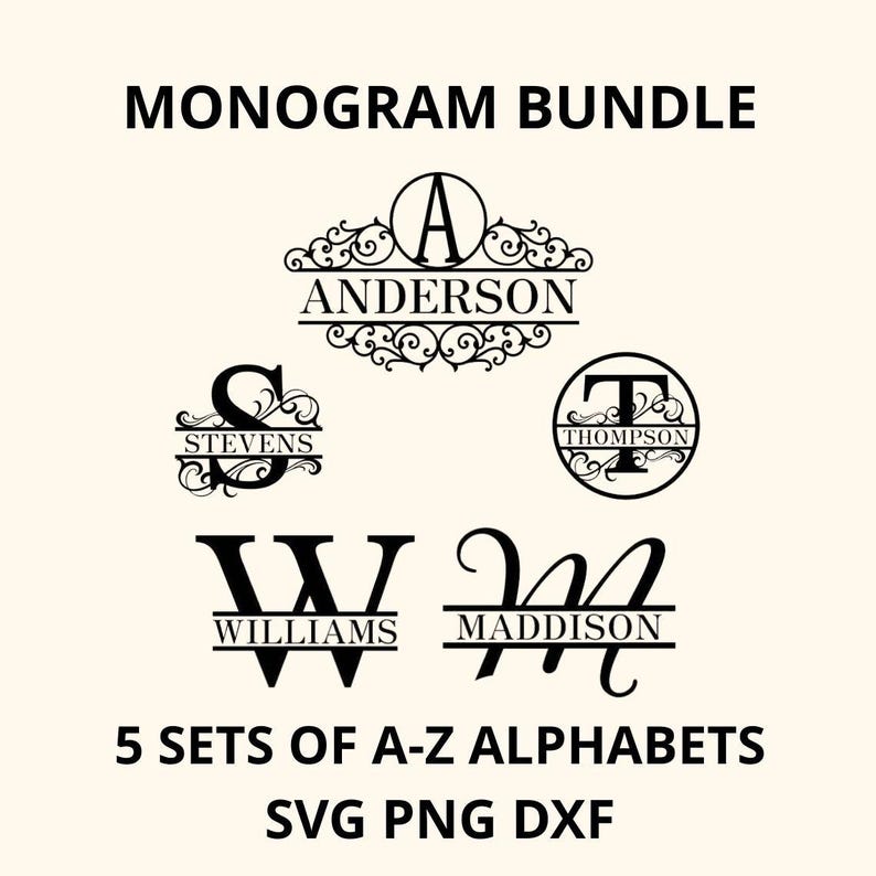 Monogram SVG-bundel splitsen gesplitste letters PNG fancy alfabet cirkel monogram lettertype familienaam monogram gesneden bestanden voor Cricut digitale download afbeelding 1
