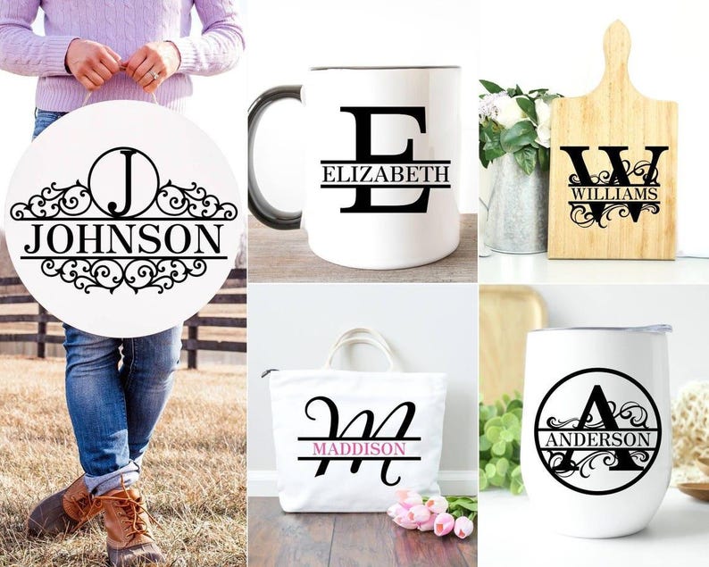 Monogram SVG-bundel splitsen gesplitste letters PNG fancy alfabet cirkel monogram lettertype familienaam monogram gesneden bestanden voor Cricut digitale download afbeelding 3