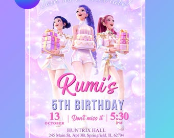 Kpop Demon Hunters verjaardagsuitnodiging - bewerkbare canva-sjabloon - Huntrix Golden - afdrukbare verjaardagsuitnodiging digitale download