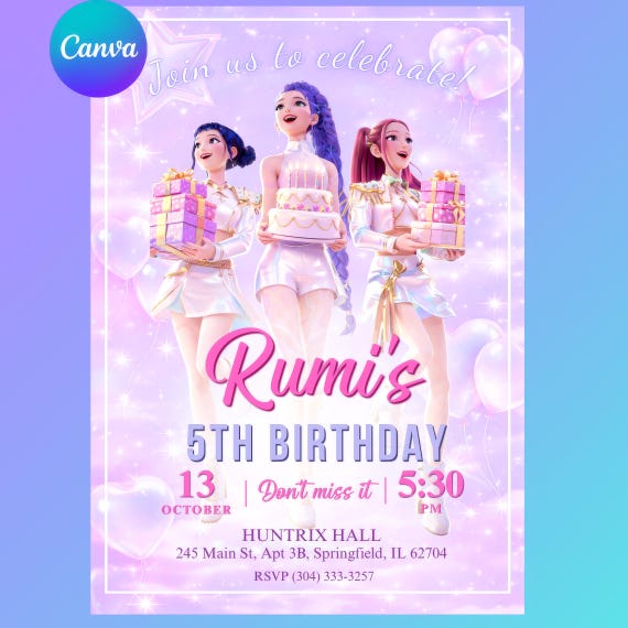 Kpop Demon Hunters Birthday Invitation - Editable Canva Template - Huntrix Golden - Printable Birthday Party Invite Digital Download