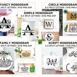 Monogram SVG-bundel splitsen gesplitste letters PNG fancy alfabet cirkel monogram lettertype familienaam monogram gesneden bestanden voor Cricut digitale download afbeelding 2