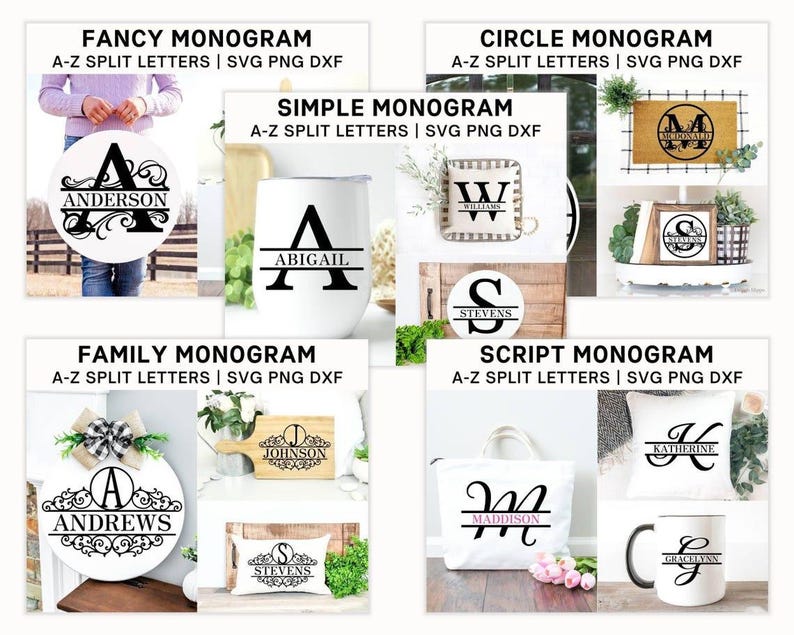Monogram SVG-bundel splitsen gesplitste letters PNG fancy alfabet cirkel monogram lettertype familienaam monogram gesneden bestanden voor Cricut digitale download afbeelding 2