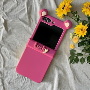 Custodia per telefono con orecchio a forma di orso rosa per Samsung Galaxy Z Flip 6 5 – Custodia con cerniera in stile cartone animato coreano – Guscio protettivo antiurto