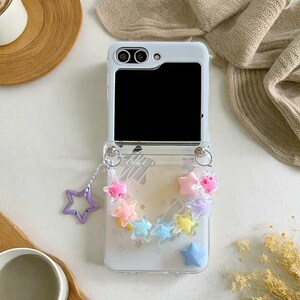Korean Cute Star & Heart Phone Chain Clear Case voor Samsung Galaxy Z Flip 6 5 4 3 met scharnierbescherming