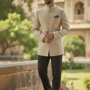 Peut inclure: Veste de costume beige à col officier avec boutons assortis et pochette, associée à un pantalon de costume noir. La tenue est complétée par des mocassins noirs et des lunettes de soleil. Le fond est flou, en extérieur.