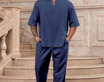 Men's Linen Kurta Shirt: Loose Fit Kaftan Tunic, African Grooms Style