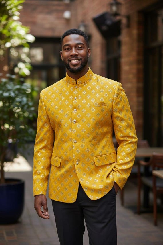 Men's Yellow Embroidered Jodhpuri Bandhgala Suit - Georgette
