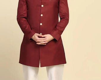 Abito Sherwani nero da uomo: ricamo Chikankari, abito da sposa indiano
