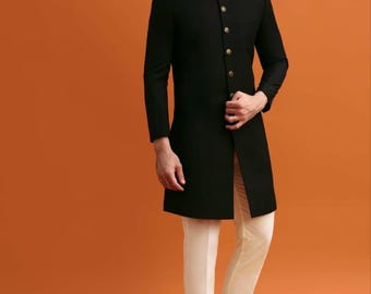 Abito da sposa indiano etnico Sherwani indo-occidentale da uomo nero