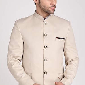 men’s Indian Wedding Jodhpuri Suit: Men&#39;s Bandhgala Coat, Solid  Beige Designer Outfit
