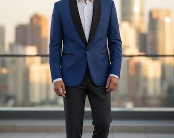 May include: A formal blue suit with a black lapel and a white dress shirt. The suit is paired with dark gray trousers and black leather loafers. The background features a cityscape. The text "KING MEN'S TAILOR" is visible at the bottom.
