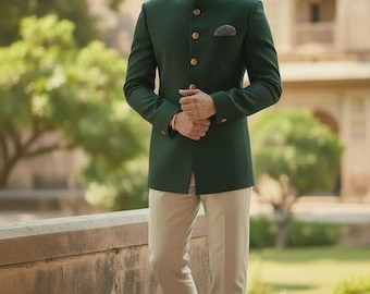 men’s Indian Wedding Jodhpuri Suit: Men's Bandhgala Coat, Solid Beige Designer Outfit